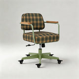 Vintage Plaid Swivel Office Chair | Adjustable Height, Solid Wood Armrests