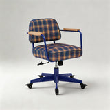 Vintage Plaid Swivel Office Chair | Adjustable Height, Solid Wood Armrests