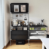 Industrial Modular Metal Storage Rack with Drawers & Wire Baskets – Black Steel Open Shelving - StoolTopia