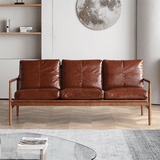 Mid - Century Solid Wood Leather Sofa - Premium 3 - Seater Lounge Couch - StoolTopia