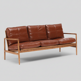 Mid - Century Solid Wood Leather Sofa - Premium 3 - Seater Lounge Couch - StoolTopia
