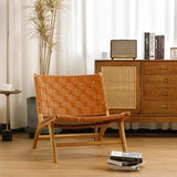 Modern Saddle Leather Sling Lounge Chair with Wooden Frame - StoolTopia