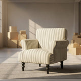 Modern Striped Linen Armchair – Rolled Arm Accent Chair with Solid Wood Legs - StoolTopia