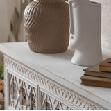 Moroccan - Inspired White Carved Storage Cabinet with Colorful Tile Inlay - StoolTopia