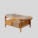 Nordic Oval Coffee Table with Fluted Glass & Rattan Drawers - StoolTopia