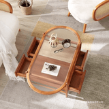 Nordic Oval Coffee Table with Fluted Glass & Rattan Drawers - StoolTopia