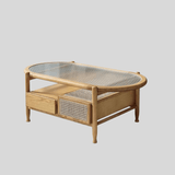 Nordic Oval Coffee Table with Fluted Glass & Rattan Drawers - StoolTopia