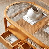 Nordic Oval Coffee Table with Fluted Glass & Rattan Drawers - StoolTopia