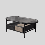 Nordic Oval Coffee Table with Fluted Glass & Rattan Drawers - StoolTopia