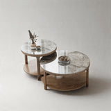 Nordic Solid Wood &amp; Sintered Stone Round Coffee Table Set - StoolTopia