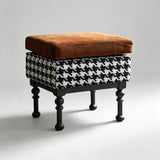Retro Velvet & Houndstooth Ottoman Mid-Century Accent Footstool - StoolTopia