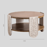 Round Carved Coffee Table with Storage Shelf – 81cm - StoolTopia