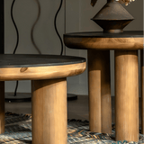 Rustic Round Coffee Table Set – Black Wood Grain Top with Solid Wood Legs - StoolTopia