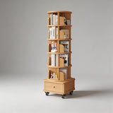 Solid Wood Rotating Bookshelf with Drawer – Mobile Corner Storage Tower - StoolTopia