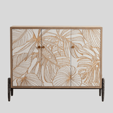 Tropical Leaf Carved Wooden Sideboard - Luxury Gold Accent Storage Cabinet - StoolTopia