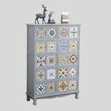 Vintage Mediterranean Ceramic Tile Drawer Cabinet – Handcrafted Solid Wood Storage Chest - StoolTopia