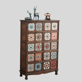 Vintage Mediterranean Ceramic Tile Drawer Cabinet – Handcrafted Solid Wood Storage Chest - StoolTopia