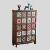 Vintage Mediterranean Ceramic Tile Drawer Cabinet – Handcrafted Solid Wood Storage Chest - StoolTopia