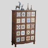 Vintage Mediterranean Ceramic Tile Drawer Cabinet – Handcrafted Solid Wood Storage Chest - StoolTopia