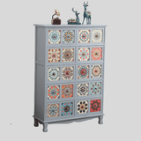 Vintage Mediterranean Ceramic Tile Drawer Cabinet – Handcrafted Solid Wood Storage Chest - StoolTopia