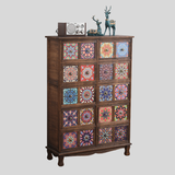 Vintage Mediterranean Ceramic Tile Drawer Cabinet – Handcrafted Solid Wood Storage Chest - StoolTopia